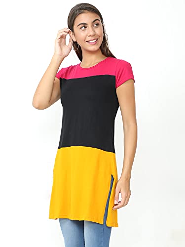 Image of FLEXIMAA Women's Cotton Round Neck Color Block Half Sleeve Long Top