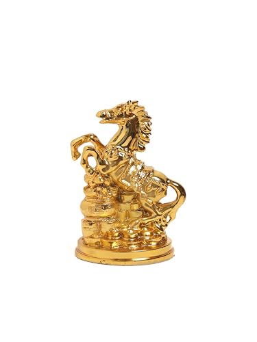 The Spiritual Living Feng Shui Gold Horse with Uplifted Legs Standing with Wealth Pot || Money & Power || Statue || Showpiece || Vastu || Decorative || Figurine || Home Decor || Size - 4 Inch