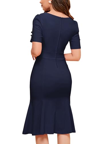 Image of MUXXN Women's Vintage 1950s Midi Crew Neck Short Sleeve Party Cocktail Work Casual Bodycon Dress