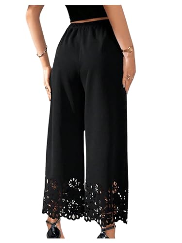 OYOANGLE Women's Wide Leg Pants Cut Out Scallop Trim High Elastic Waisted Pants Casual Office Long Pants2
