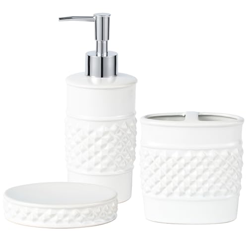 La mejor selección de Accesorios para baño de ceramica , tabla con los diez mejores. 46 Juego de accesorios de baño de cerámica blanca de 3 piezas, dispensador de jabón de lujo, soporte para cepillo para polvo de dientes y jabonera con diseño moderno en relieve...