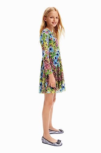 Desigual Vestido floral de tul de manga larga para niña pequeña, Azul, 13 años