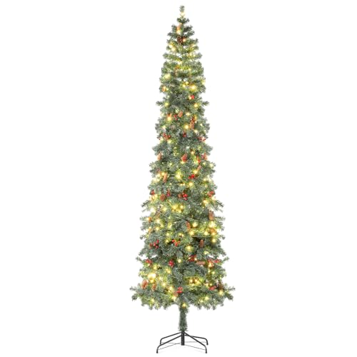 Athena Collection Pencil Christmas Tree,9ft Realistic Pencil Christmas Trees with Lights & Pine Cones,Hinged Branch with Flame-Retardant PVC Tips(Green)