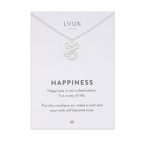 LUUK LIFESTYLE Collier femme avec pendentif koala carte HAPPINESS en acier inoxydable (50 cm), idée cadeau pour elle, anniversaire, porte bonheur, bijoux...