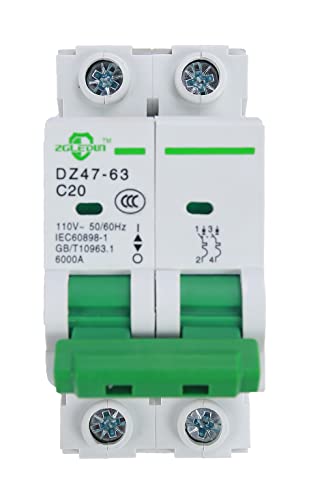 ZGLEDUN AC Miniature Circuit Breaker, 2 Pole 20 Amp, 12-240VAC, 6kA Din Rail Mount Breaker with Thermal Magnetic Trip, DZ47-63 2P, AC Solar MCB