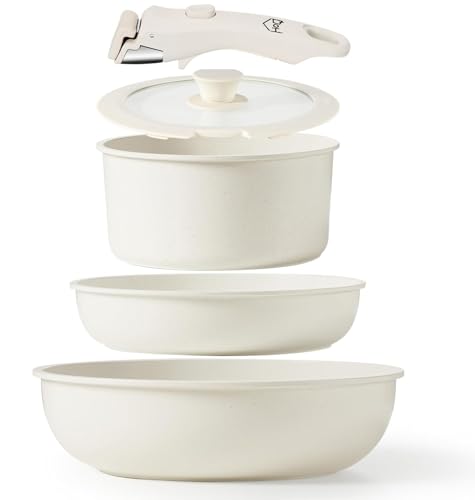 Image of House of Quirk Maifan Stone Nonstick Cookware Set 5-Piece | Detachable Handle Pots & Pans | Stackable, Induction & Oven Safe Kitchen Set (Granite Beige)