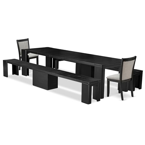 Image of X02MZ-206-06 - 5-piece Dining Room Table Set a Rectangular Kitchen Table and 2 wooden Benches and 2 Shitake Linen Fabric Dining Chair, 39x120 Inch, Wire Brushed Black