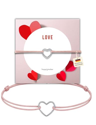 happymaker Muttertagsgeschenk 925 Sterling Silber Herz zartrosa Stoffarmband handgefertigt in Deutschland größenverstellbar Geschenkverpackung mit liebevoller Karte