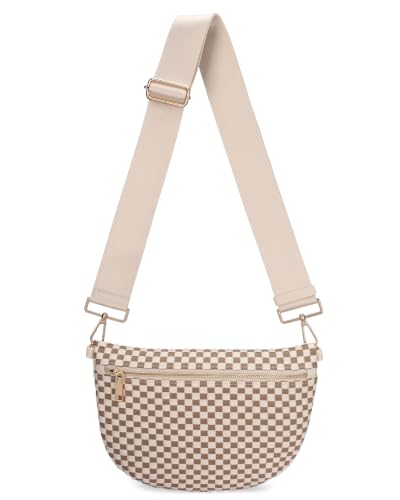 WOOMADA Checkered PU Bum Bag Sling Purse with Adjustable Strap for Travel(Ivory Light Khaki Check)