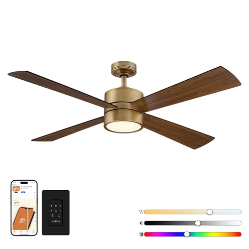 Gold Ceiling Fans with Lights and Remote 52 Inch Chandelier Ceiling Fan for Bedroom Living Room, Brass Outdoor Ceiling Fans Low Profile, 6-Speed Reversible DC Motor, RGB for Party, Ventilador de Techo