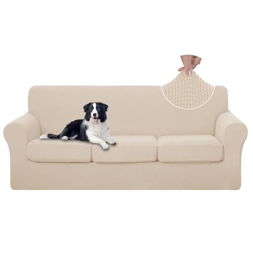 U-NICE HOME 4 Pieces Stretch Couch Cover Sofa Cover Washable Sofa Slipcover with Individual Seat Cushion for 3 Cushion Couch Sofa Pet Friendly(Sofa, Beige)