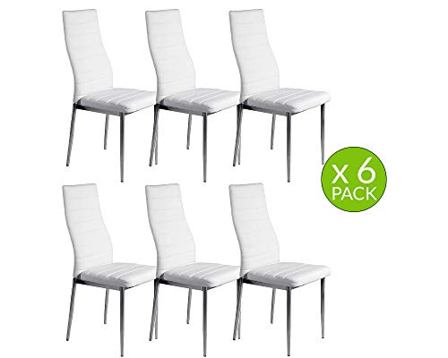 MOMMA HOME Set de 6 Sillas de Comedor - Modelo FELIA - Color Blanco/Plata - Material Ecopiel/Metal Cromado - Medidas 43 x 53 x 97 cm