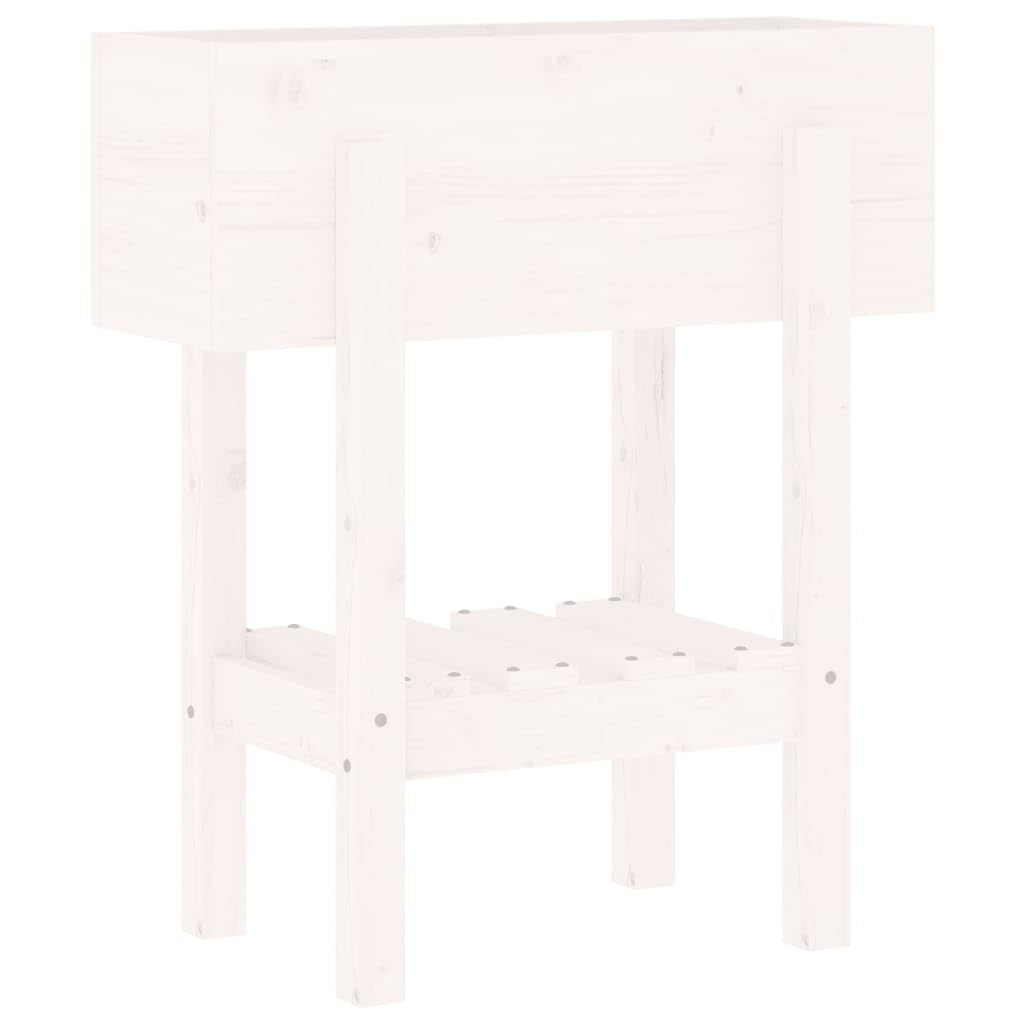 Macetero blanco 62 x 30 x 69 cm de madera de pino maciza, ideal para jardín, balcón y terraza, con práctica bandeja para herramientas de jardín y flores