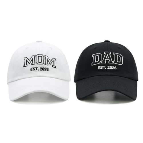 Waldeal Mom and Dad Est 2026 Hats, New Parents Gifts, Matching Adjustable Embroidered Baseball Caps for Couples Black