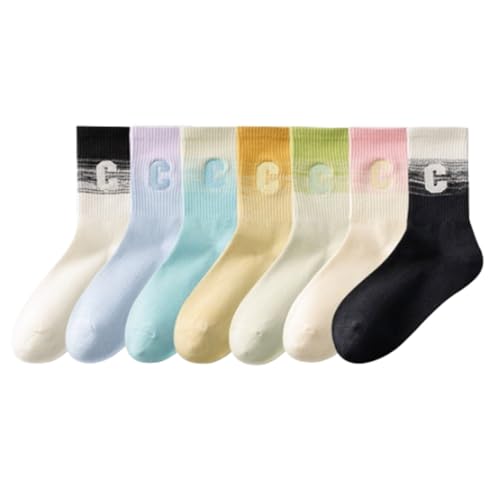 NLIADVY Women's Summer Thin Cotton Mid-Length Running Yoga Socks, Sports Fitness Gradient Color Letter C Mid-Tube Socks (7pairs,One Size)