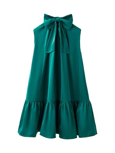 Verdusa Girl's Cute Bow A Line Ruffle Dress Sleeveless Pleated Satin Short Dresses4