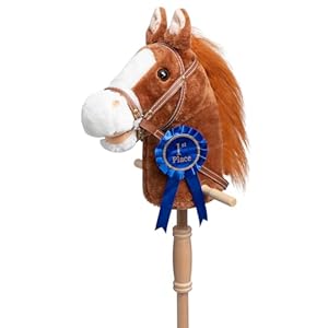 HollyHOME Stick Horse Plush with Detachable Blue Ribbon Champion Hobby Horse on Stick with Wood Wheels Real Pony Neighing and Galloping Sounds for Kids Toddlers Brown 36 Inches(AA Batteries Required)