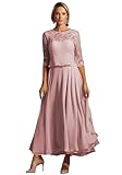 TANPAUL Teelänge Abendkleider Damen Chiffon A Linie Brautmutterkleider 1/2 Ärmel Festliche Kleider für Hochzeitsgäste Staubige Rose 10