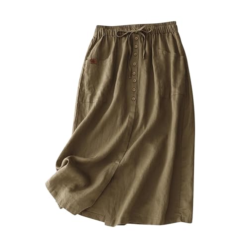 Cotton Linen Skirts for Women Casual Summer Comfy Drawstring Waist A Line Dresses Vacation Long Skirts with Pockets