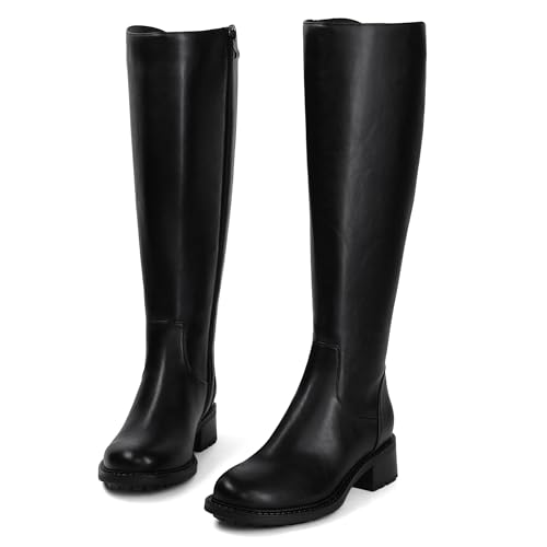 USIMAD Women's Knee High Boots Low Chunky Heel Side Zipper Comfortable Wide Calf Riding Long Boots for Women