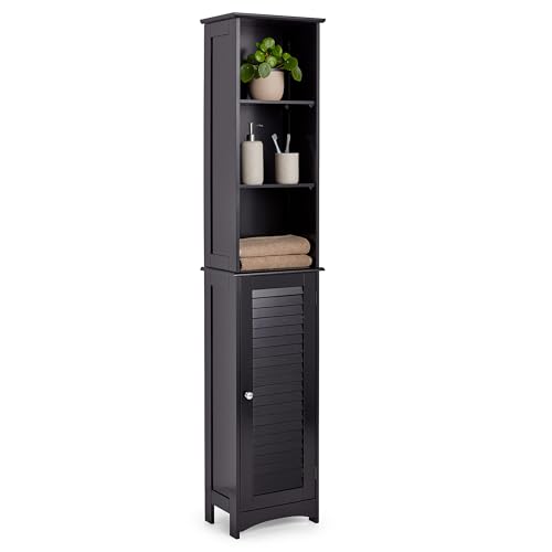 VonHaus Tall Bathroom Cabinet – Freestanding Storage Cupboard – Slimline Tallboy Unit with 6 Shelves and 1 Door – Wooden Shutter Style Furniture for Bathroom, Bedroom, Kitchen, Hallway (Black)