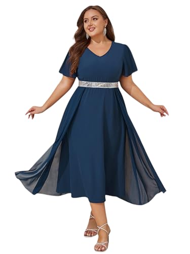 LapaPlus Übergröße Damen Formelle Cocktailkleid Abendkleid V-Neck Pailletten Partykleid Bankette...