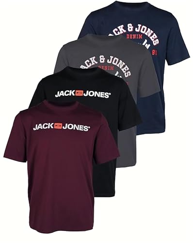 JACK & JONES Herren 4er Pack T-Shirts mit Aufdruck Baumwolle verschiedenen Logos (DE/NL/SE/PL, Alphanumerisch, L, Regular, Regular… – Ansicht 1