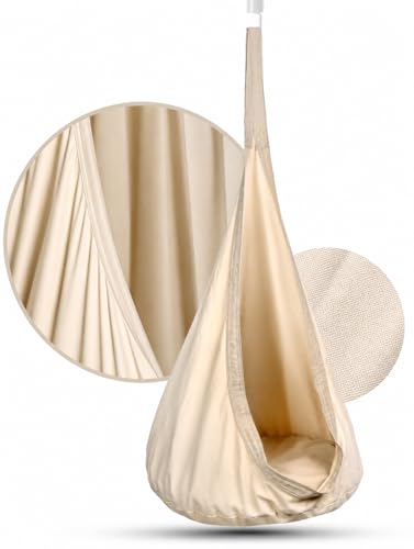 KOJANA Hängesessel mit Kissen & Innentasche Weicher textiler Rückzugsort aus 100% Baumwolle- Indoor & Outdoor - 70x150 cm (Beige)