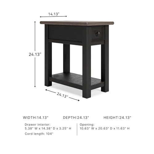 Image of Signature Design by Ashley Narrow Chairside End Table with Charging Station | Smooth-gliding remote drawer, Lower display shelf, Rustic 2-tone finish, Tyler Creek Series