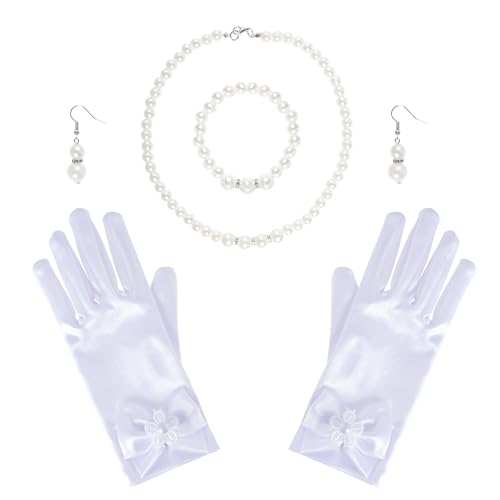 4 Pcs Satin Dress Gloves Pearl Necklace Sets Little Girls First Communion Tea Party Gloves for Wedding Party Halloween Costume Princess Cosplay