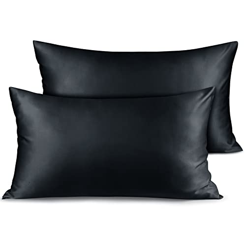 Fittia Premium 2er Set Satin Kissenbezug 40x80cm Superweich Kopfkissenbezug Kissenhülle Kissen mit Hotelverschluss für Haar und Haut, Schwarz