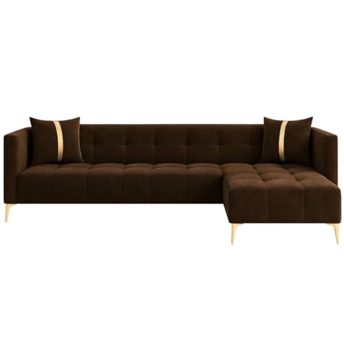 Image of FURNY Styliving 6 Seater Fabric RHS L Shape Sofa Set (Brown) with Golden Finish Legs | Durable & Comfortable | Ideal for Living Room