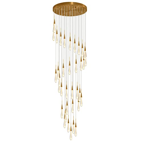 Lámpara de araña de cristal de 36 luces, colgante de techo alto en espiral con forma de gota de lluvia, lámpara colgante de cristal semillado con cúpula dorada, lámpara larga compatible con vestíbulo,