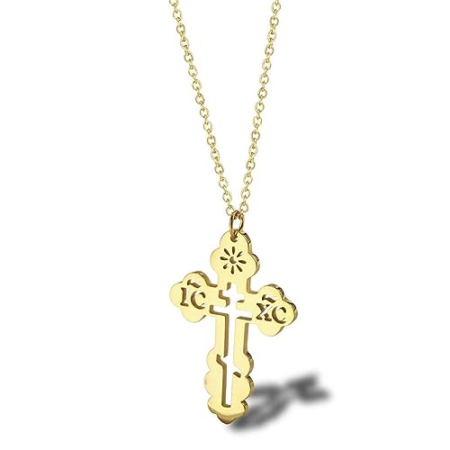 Stainless Steel Eastern Orthodox Cross Pendant Necklace,18K Gold Plated Women Religious Cross Christ Necklace Jewelry 18 Inch Chain