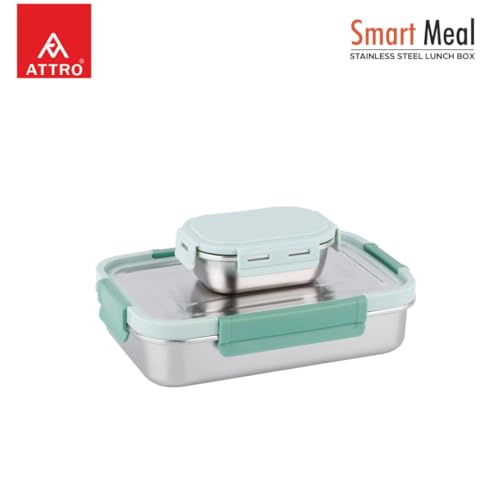 Image of ATTRO Smart Meal Medium Stainless Steel Lunch Box with 1 Small Container Airtight Spill-Proof BPA Free Food Grade Ideal for Office, School, Picnic- Green-800ml+170ml