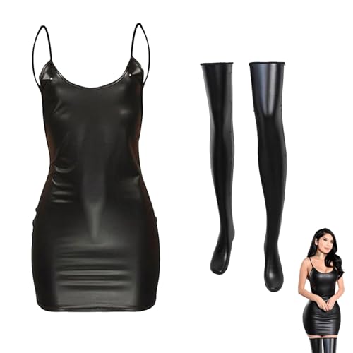 Damen Sexy Mini Kleid rückenfrei Lackleder PU Clubwear Schwarz, Einheitsgröße, verstellbare Träger, tiefes Dekolleté für Party Cocktail Abend...