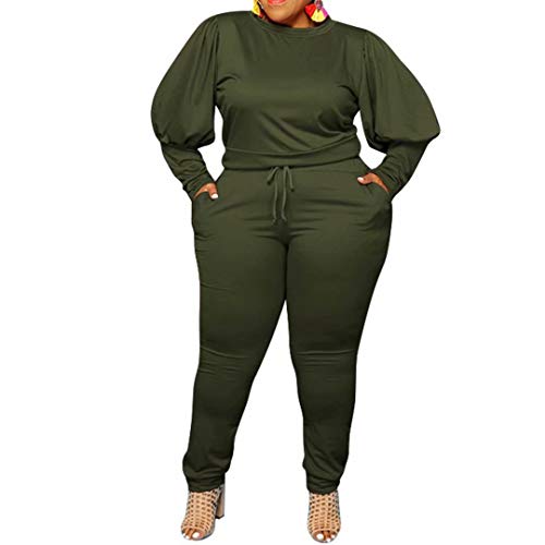 Women’s Plus Size Solid Two Piece Outfit Long Sleeve Crewneck Pullover Tops And Long Pants Sweatsuits Tracksuits Army Green 3X #TOP21