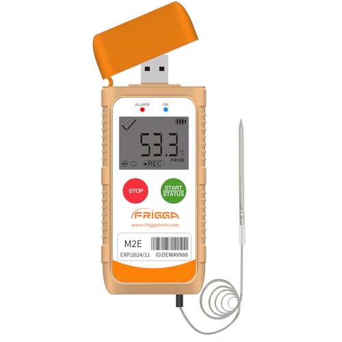 Frigga M2E Reusable Temperature Data Logger with External Probe Multi-Use Digital Refrigerator Thermometer USB 14400 Points High Accuracy Temperature Recorder PDF CSV Report