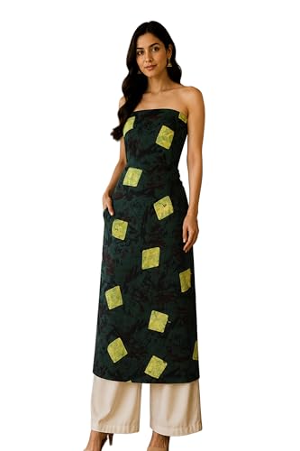 Image of Ethnics of Kutch Women's Ajrakh Modal Silk Natural Dye Hand Block Print Unstitched Kurta Fabric Mtr Length (2.5 Mtrs - Green 20101U)