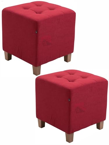 Image of Pouffes Bench Seating Stool for Living Room Office Patio Kitchen Bench Puffy Wooden Mudda Ottoman Stools Set of 2 Footrest Stool Pouf.(Red)