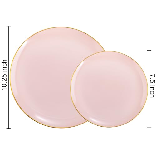 PULOTE 100PCS Pink Plastic Plates - Heavy Duty Pink and Gold Disposable for Party, Wedding, Valentines & Galentines Day, Include 50 Each (Dinner & Dessert) Plates