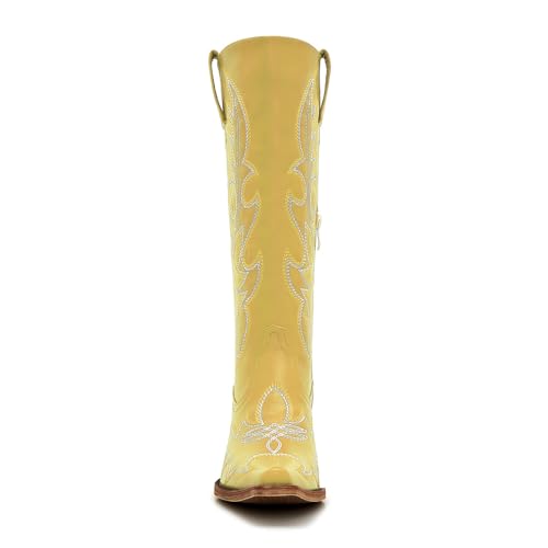 Image of Uillnoodu Women's Turquoise Cowgirl Boots - Wide Calf Mid Calf Western Boots Plus Size Embroidered Cowboy Style with Block Heel
