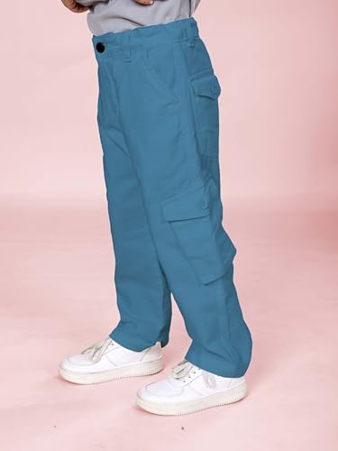 Image of KiddoPanti Boys Cargo Pants | 100% Cotton Twill | Comfortable Regular Fit | Elastic Waistband & Zip Fly | 6 Pocket Lower for Kids | Full-Length Casual Wear