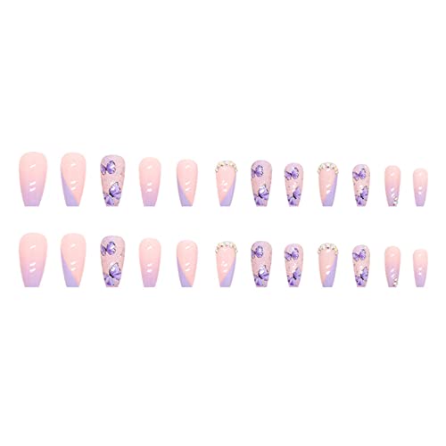 24pcs Glitter Butterfly Fake Nail Purple French Coffin Long Press on Nails Tips for Women and Girls Nail Art Manicure Decoration (Z560)