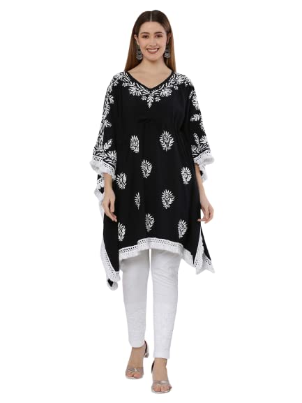FAWOMENTKaftan Dress for Women Handcrafted Lucknowi Chikankari Embroidery Rayon Ethnic Kaftan for Girls and Ladies