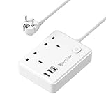UK to European Plug Adapter 2 UK Outlets & 3 USB Ports, European Plug Adapter with 1.5M Extension Cable for Germany, France, Spain, Turkey, Egypt, Greece, Portugal and More(Type E/F)