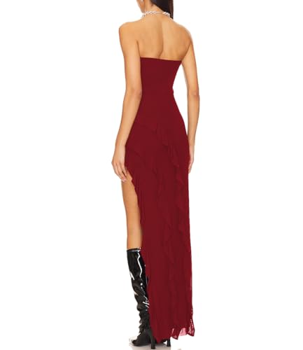 Capuffy Womens Tube Strapless Maxi Dress Irregular Ruffles Hem Cocktail Dress Off Shoulder Tassel High Slit Evening Gown 3122