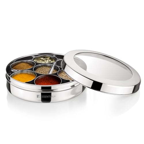 Image of BERGNER Essential Plus 7 in 1 Stainless Steel 21.5cm Masala Dabba with 7 Container 1 Spoon and See Through Glass Lid, Spice Box /Masala Dani /Container for Kitchen, 100% Food Safe, Easy to Clean