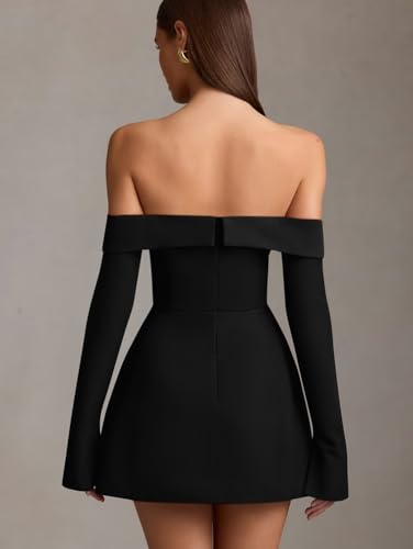 BEAGIMEG Women's Sexy Long Sleeves Off Shoulder A-Line Club Party Mini Dress2