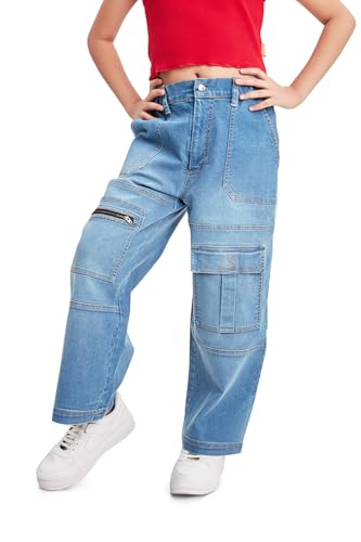 Image of olele Girls Super Jeans Collection for 4-14 Yrs | Stretchable Cotton Denim Trousers | Blue Jeans for Kids | Baggy Denim Pants | Cargo Pants for Girls
